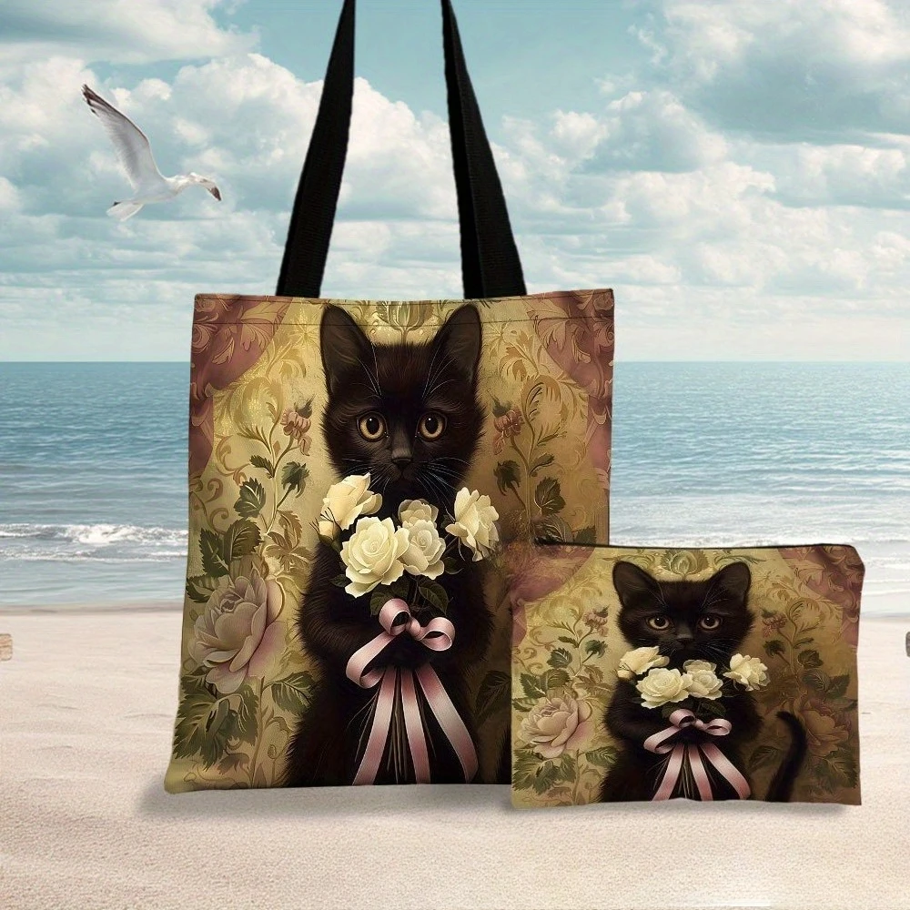 Bolsa de mano con diseño de gatito negro y rosas, bolsa de maquillaje, bolso de hombro de mano, bolsa de cosméticos reutilizable plegable ecológica para almacenamiento de compras