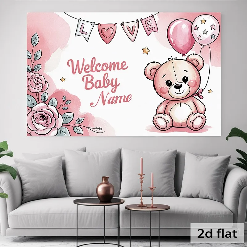 1Pc personalized teddy bear and floral welcome sign - customizable text, suitable for birthday party decoration and wall hanging