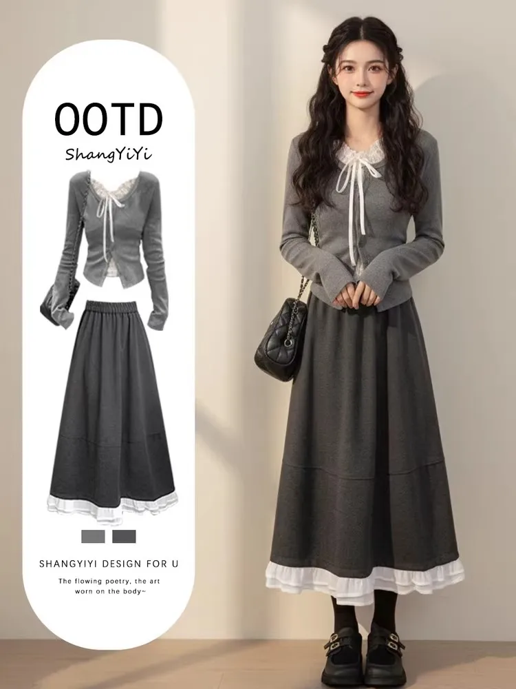 

Ele Spring Knot Knitted Top And Skirt Two-Piece Set Women's Faion Slimming Age-Defng High Waist