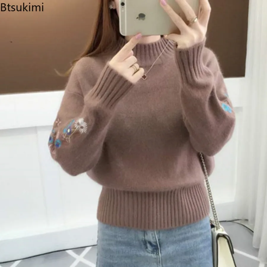 Damski sweter z haftowanymi rękawami na jesień i zimę, dzianinowy pulower z długimi rękawami, odzież damska, vintage, luźny sweter z półgolfem.