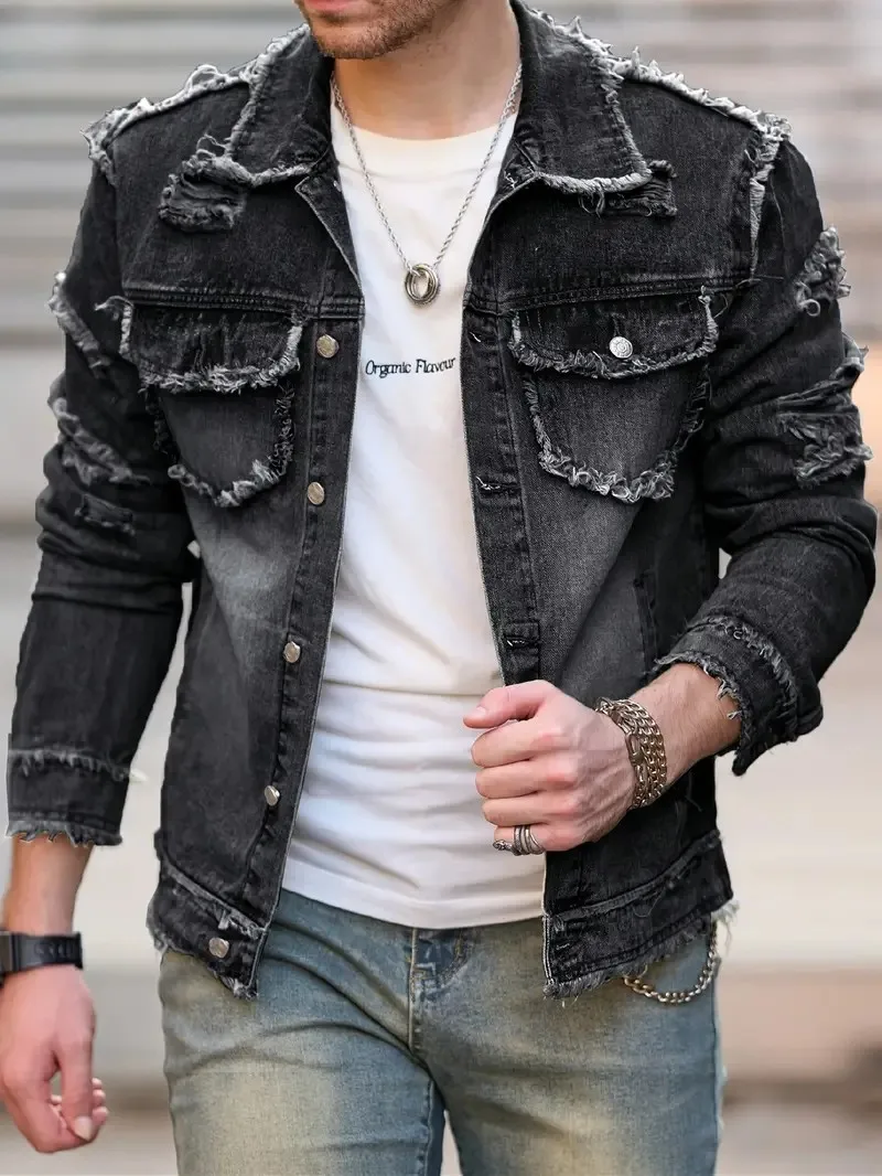 Men's Denim Jacket Outdoor Casual Long Sleeve Button-up Lapel Denim Coat  Autumn Streetwear Fashion Raw Edge Ripped Denim Jacke