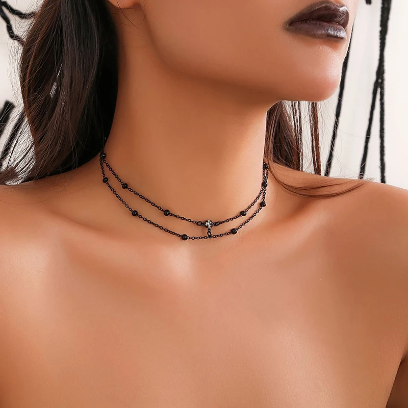 1Pc  Women Vintage Gothic Thin Chain Zircon Choker Necklace Simple Clavicle Link Halloween Jewelry Accessories