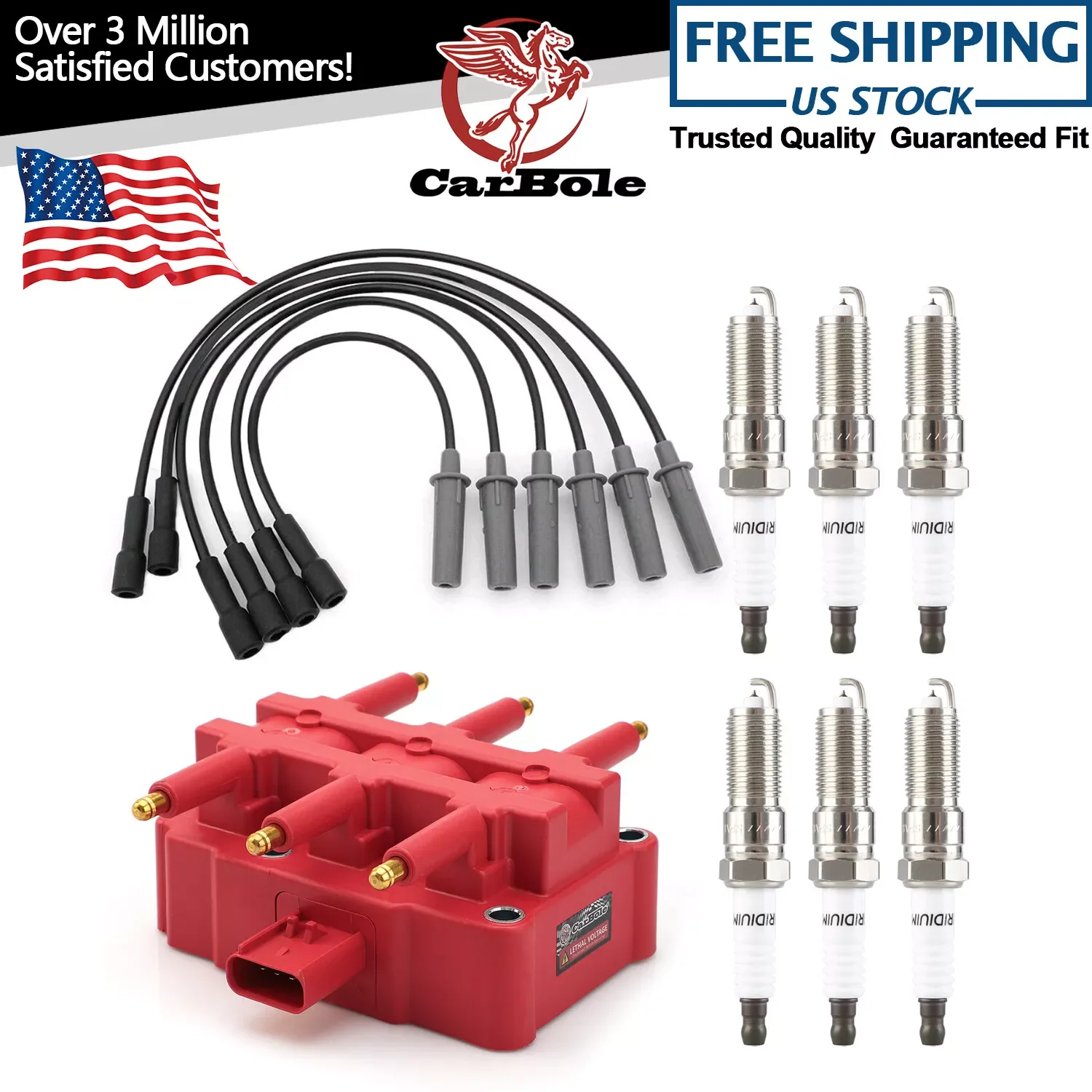 Carbole Ignition Coil & Iridium Spark Plugs & Wire Set For Wrangler 3.8L 2007-2011