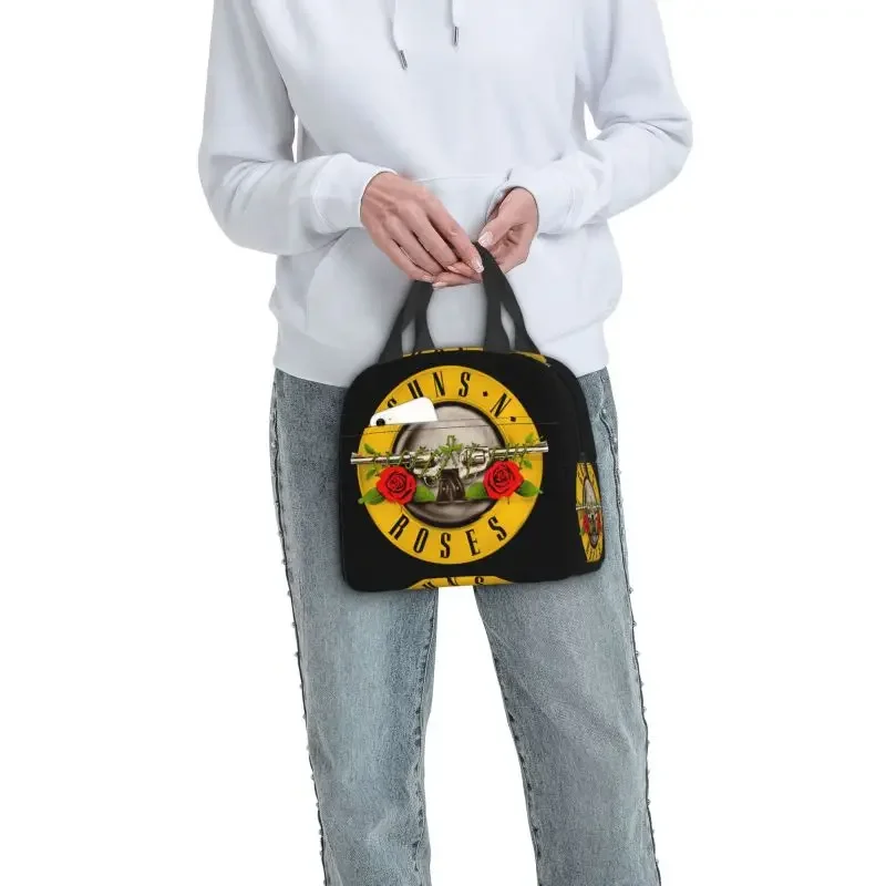 Guns N Roses Logo Insulated Lunch Bag for Outdoor Picnic Heavy Metal Portable Thermal Cooler Lunch Box Women Children