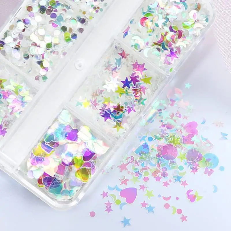 Mini 6 griglie per unghie con paillettes decorazione arcobaleno luce amore stella luna accessori per unghie materiale trasparente per il miglioramento delle unghie fai da te
