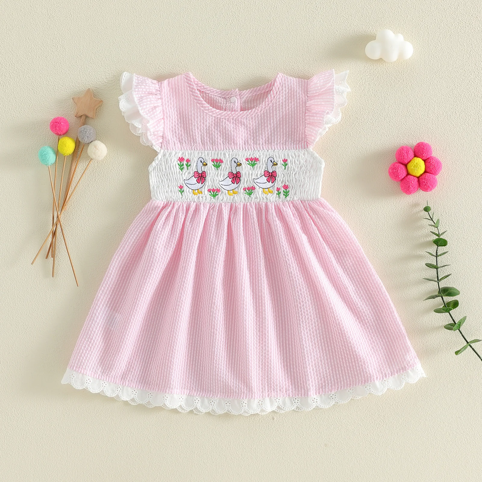 Toddler Girls Dress Flower Goose Embroidered Lace Trim Crew Neck Fly Sleeve Casual Dress Kids Summer Dress