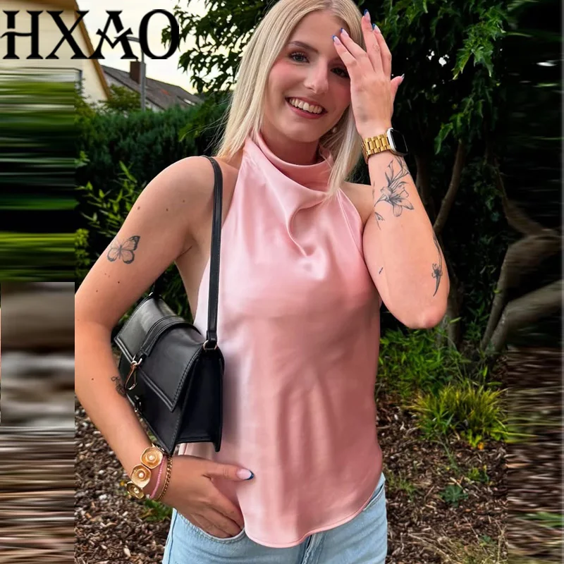 HXAO ホルターネック イエロートップ レディース サマー サテン タンク＆キャミソール ノースリーブ バックレス クロップトップ 女性用 コルセット ホワイト ブラック ブラウン ベストトップ