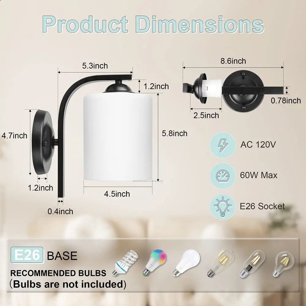 Wall Sconce 2 Light, Modern Wall Light Fixture, Bathroom Vanity Lights with Matte Black Wall Lamp,E26 Socket（Bulbs Not Included）