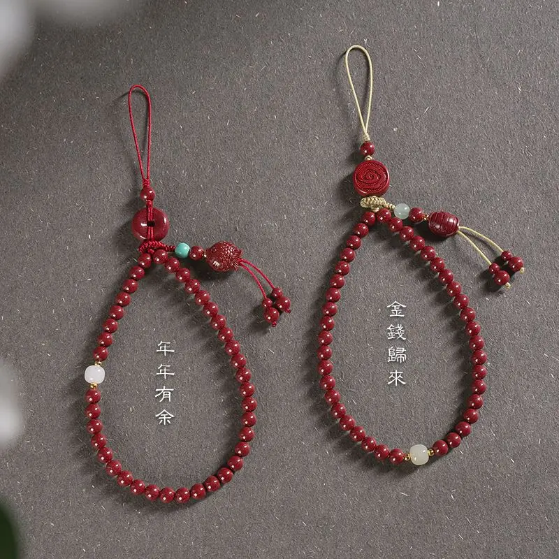 Pingente de corda pendurada cinábrio para mulheres, conteúdo estilo chinês, pérola de areia roxa natural, corrente pequena para celular