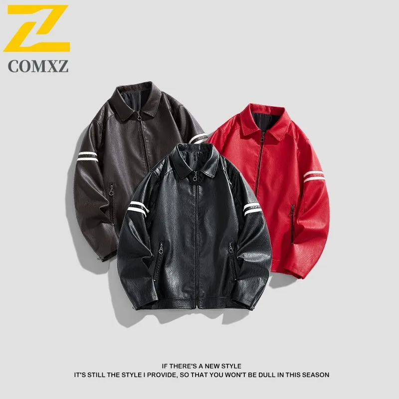 

COMXZ Turn Down Collar Leather Jacket Men Motorcycle Rider Handsome Spring Autumn New Parka Coat Youth Leather Jacket Trend