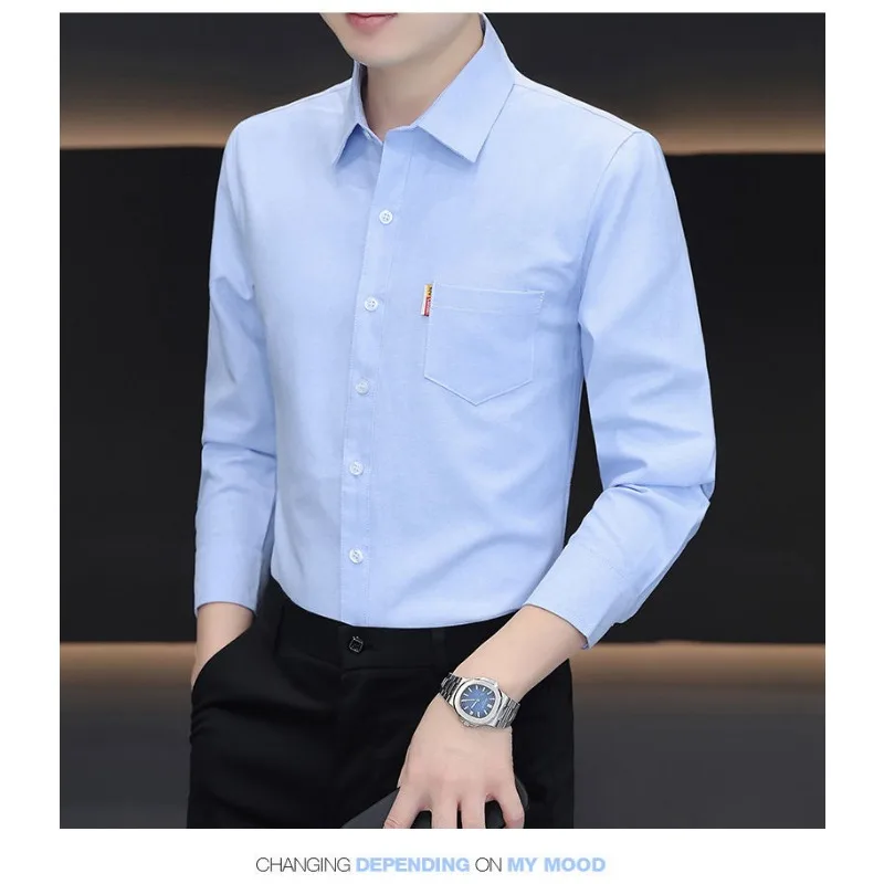 Men's Long Sleeve Shirt Pocket Solid Color Shirt Casual Button Pocket Lapel Cardigan Commuter Fashion Top