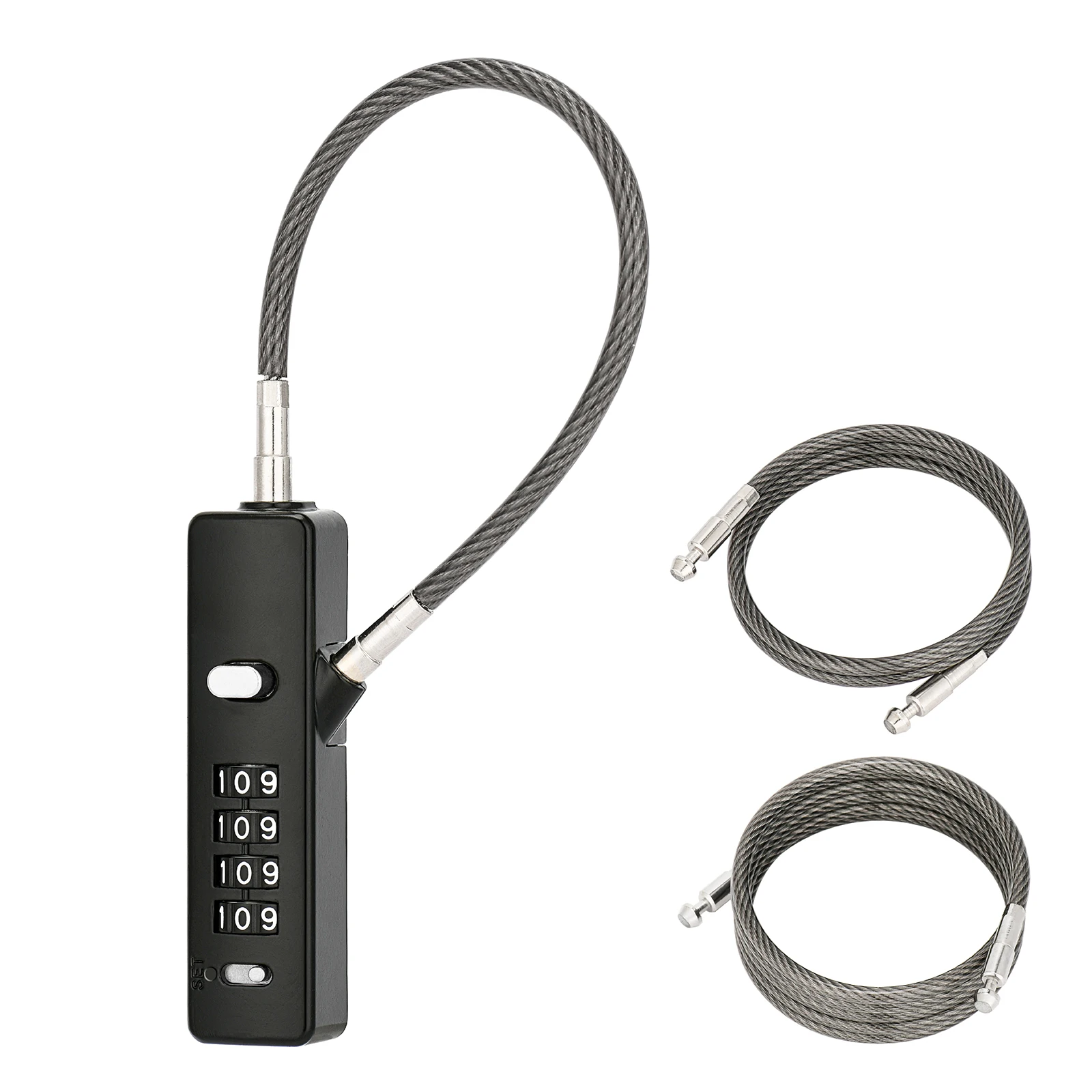 Cable Locks with Combination, Steel Cable Rope 4-digit Combination Lock with 3 interchangeable cables