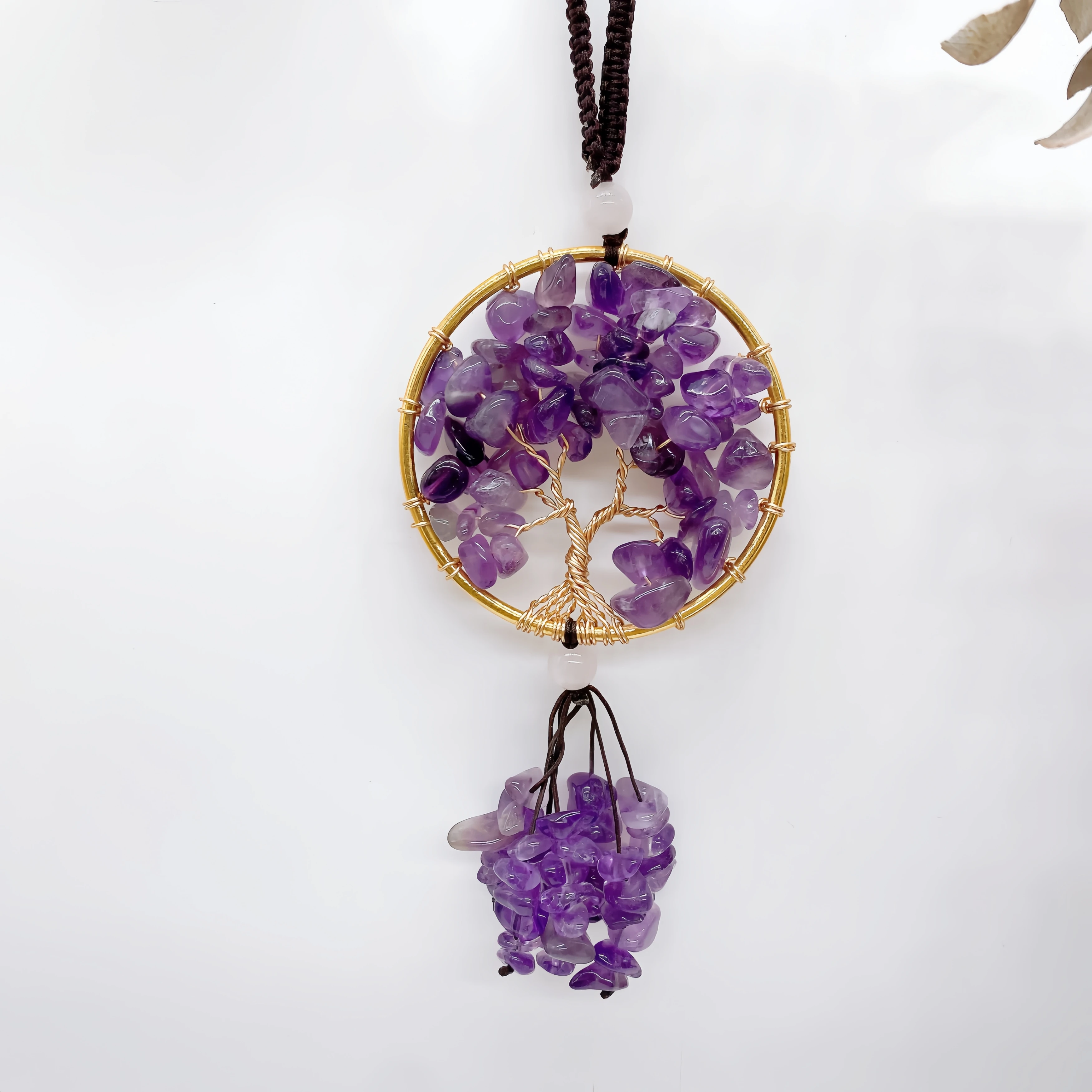 Tree of Life Dreamcatcher Natural Amethyst Pendant Crystal Quartz Stone Window Hanging Ornament for Car Wall Home Decor Gift