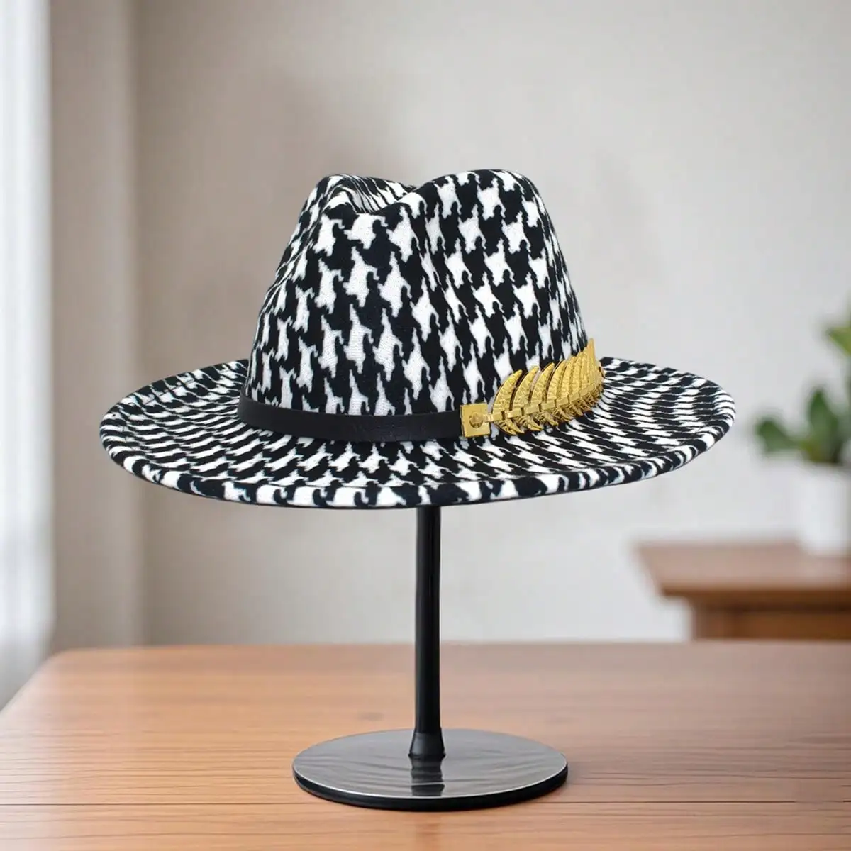 قبعة راعية البقر ذات وجهين للنساء والرجال بنمط houndstooth وحزام ذو حافة واسعة وقبعة غربية #2