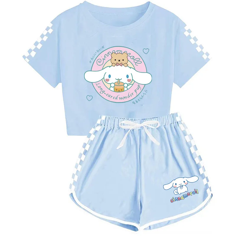 

Sanrio Short Sleeve Shirt and Shorts Set 2-Piece Plaid Cinnamoroll Print Tracksuit Sets Hello Kitty Pajamas Pants Sleeperwear