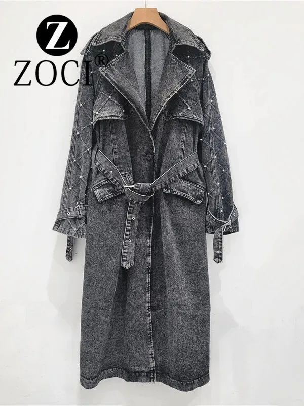 

[ZOCI] 2024 Autumn Winter New Grey Washed Denim Trench Coat, Handmade Pearl Style Waist Belt Design, Temperament