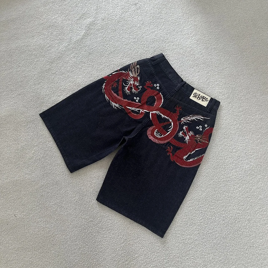 Top Grade DERT Red Dragon Printed Women Men Denim Pants Jeans Shorts Hiphop Men Streetwear Short Jeans Pants