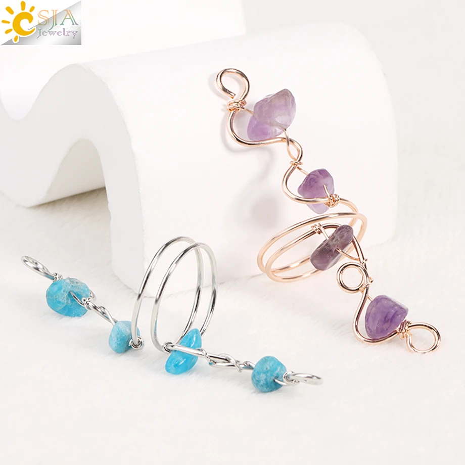 CSJA 7 Chakra Crystal Ring Natural Stone Wire Wrapped Chip Beads Pink Quartz Finger Rings Jewelry for Men Women Jewelry H331