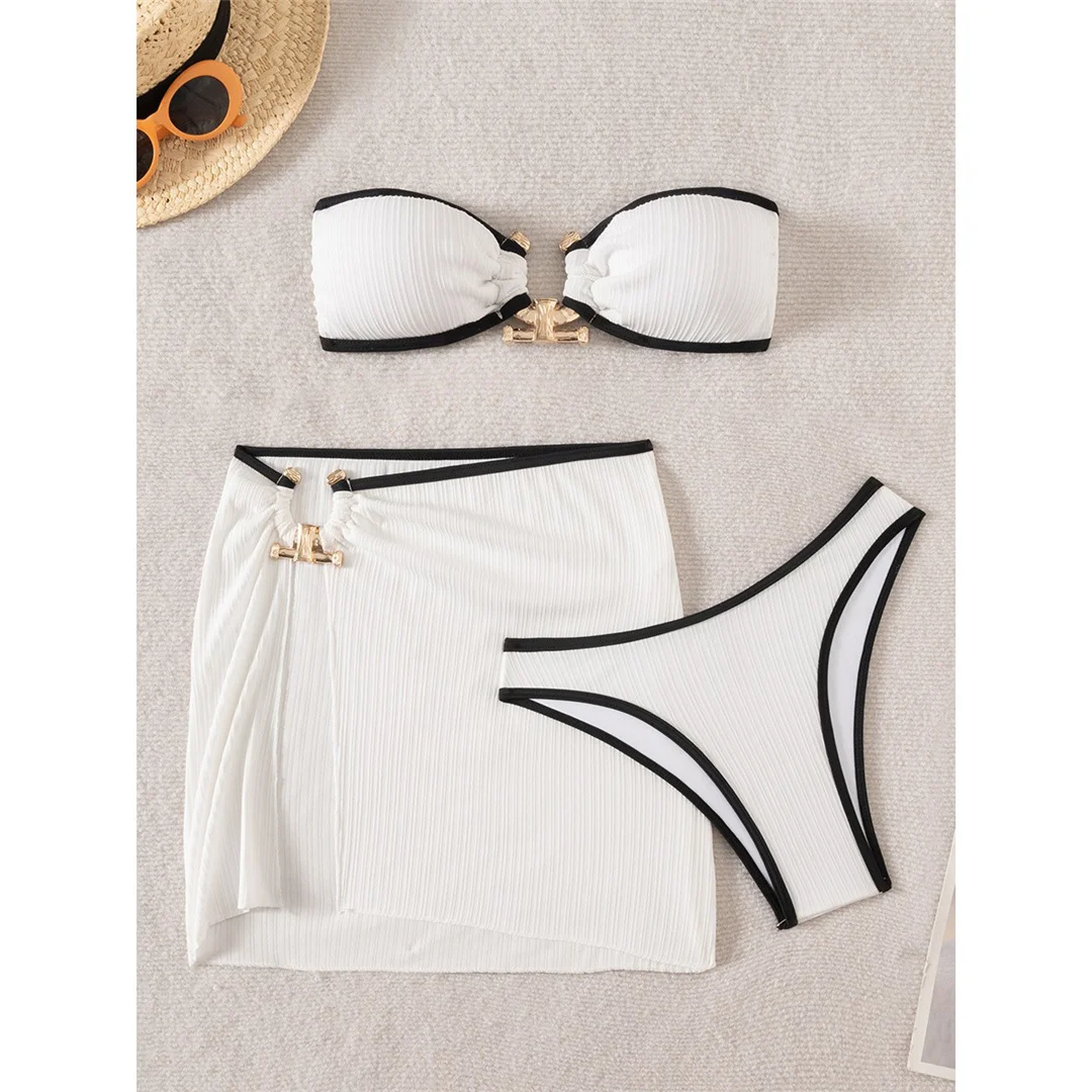 3-teiliges Set mit Rock, Bandeau-Bikini, Metallring, Damen-Badeanzug, dreiteiliger Bikini, Damen-Badebekleidung, Badeanzug, Schwimmanzug V7611 – Detail 4