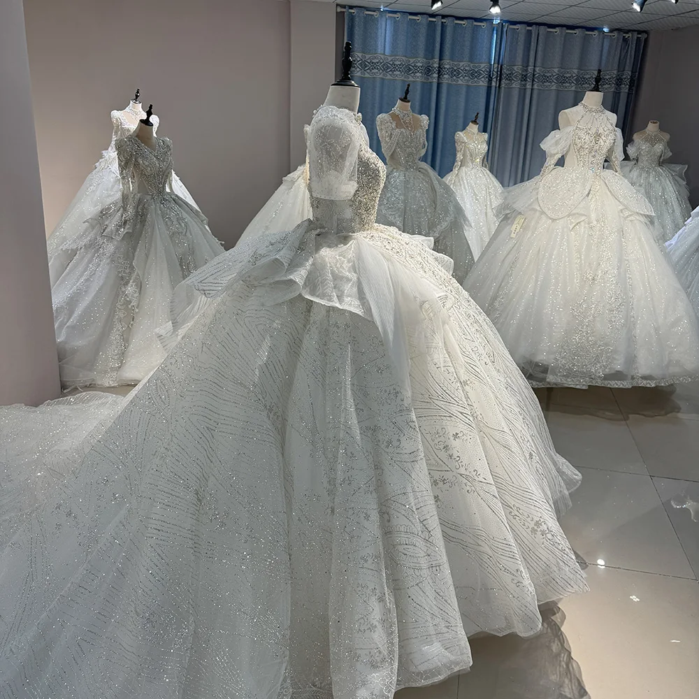 Abiti da sposa affascinanti Abiti da sposa glitterati Abito per abiti da cerimonia per feste formali Abiti da sposa 2025 Maniche corte personalizzate Corte dei treni