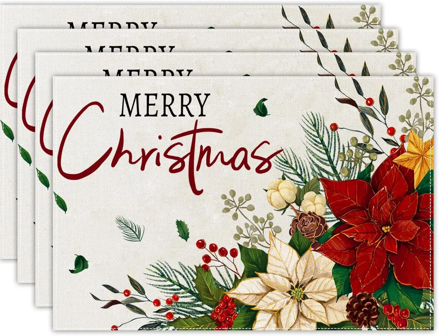 

Merry Christmas Placemats 12x18 inch – Red Floral Holly Winter Mats – Rustic Plastic Table Mats for Kitchen, Dining, Home Party