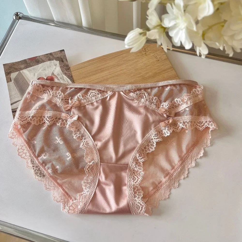 Sweet Cotton Crotch Lace Seamless Panties Bow Transparent Underwear for Women Franch Style Satin Silk Briefs Girl