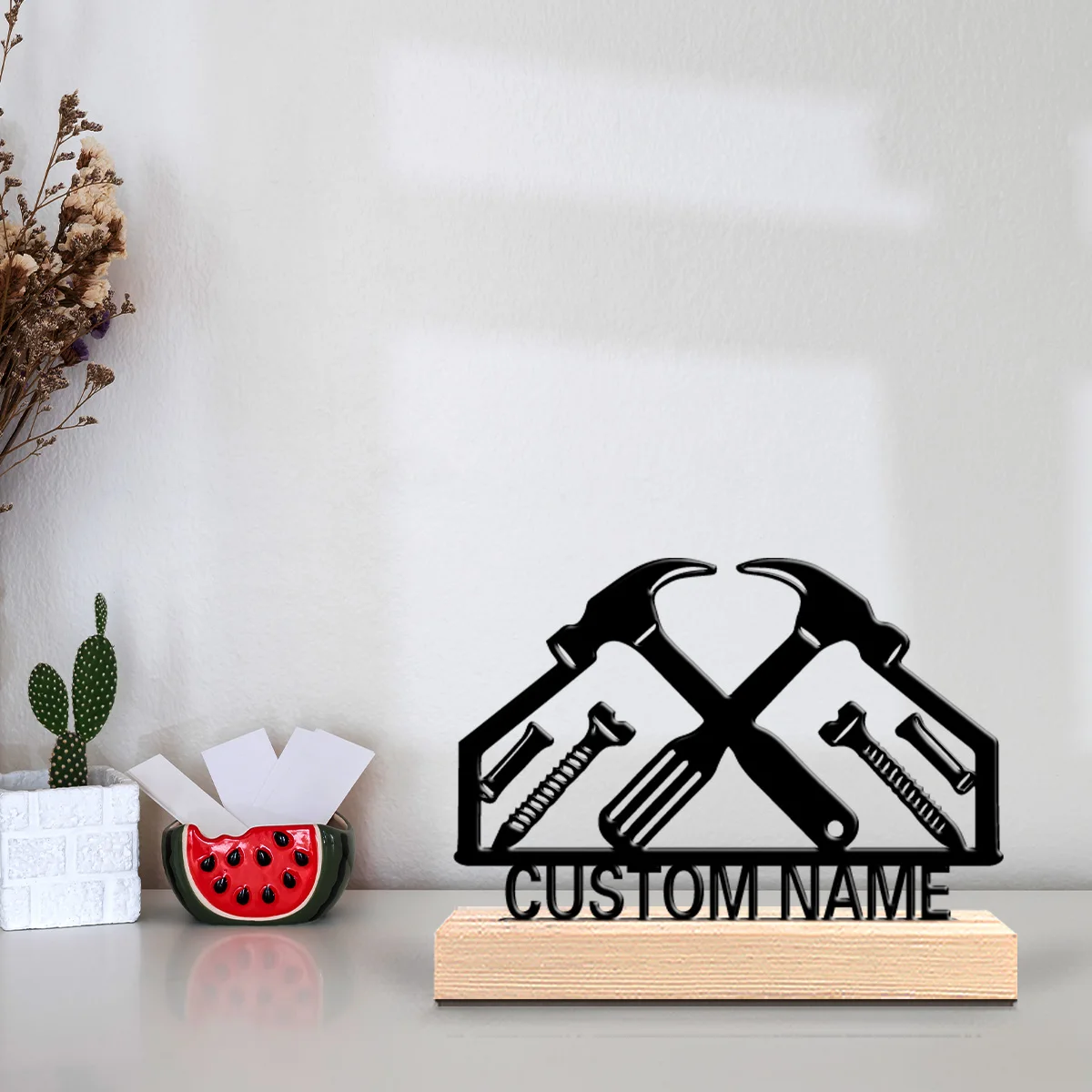 1pc Simple repair tool Customized Name Metal Statue Iron Ornament Crafts With Wood Base Tin Sculpture Study Desktop Decoration