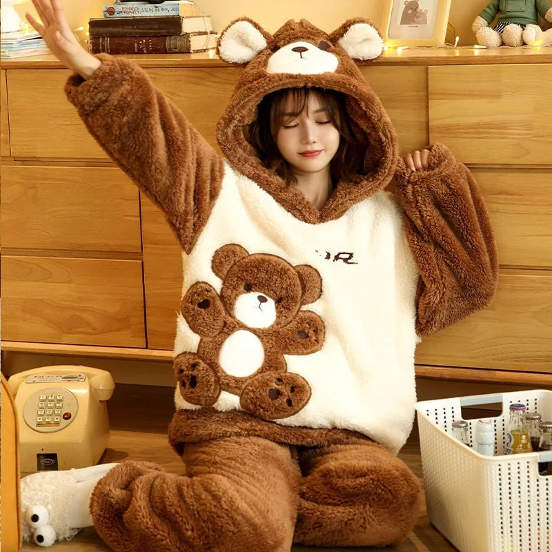 Women Pajamas Set Winter Warm Sleepwear Cute Bear Ears Hooded Pyjama Flannel Nightwear For Young Girls Home Clothing Sweet Suits