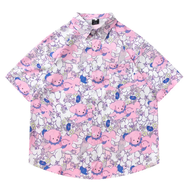 Dark Icon Pink Bear Printing Thin Material Holiday Beach Hawaiian Shirts Men Summer Short Sleeved Shirts for Man