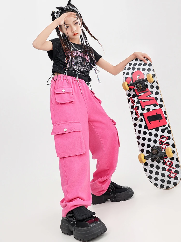 2023 Roupas de dança jazz para meninas Tops curtos Pink Cargo Pants Hip Hop Dance Costume Crianças Kpop Stage Performance Outfit BL10536