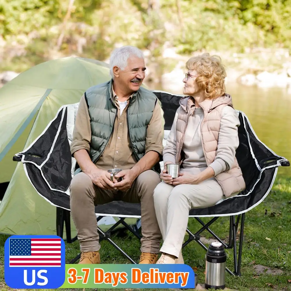 

Double Camping Chair 2 Person Camping Chair with Cup Holder and Carry Bag Portable Camping Bench Padded Lawn Chairs for Adults