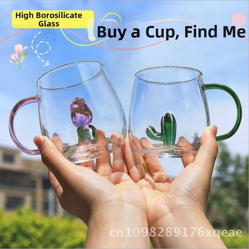 

400 мл мультяшная чашка из боросиликатного стекла с милыми животными и растениями, устойчивая к горячую и холоду чашка для воды с ручкой для универсального применения