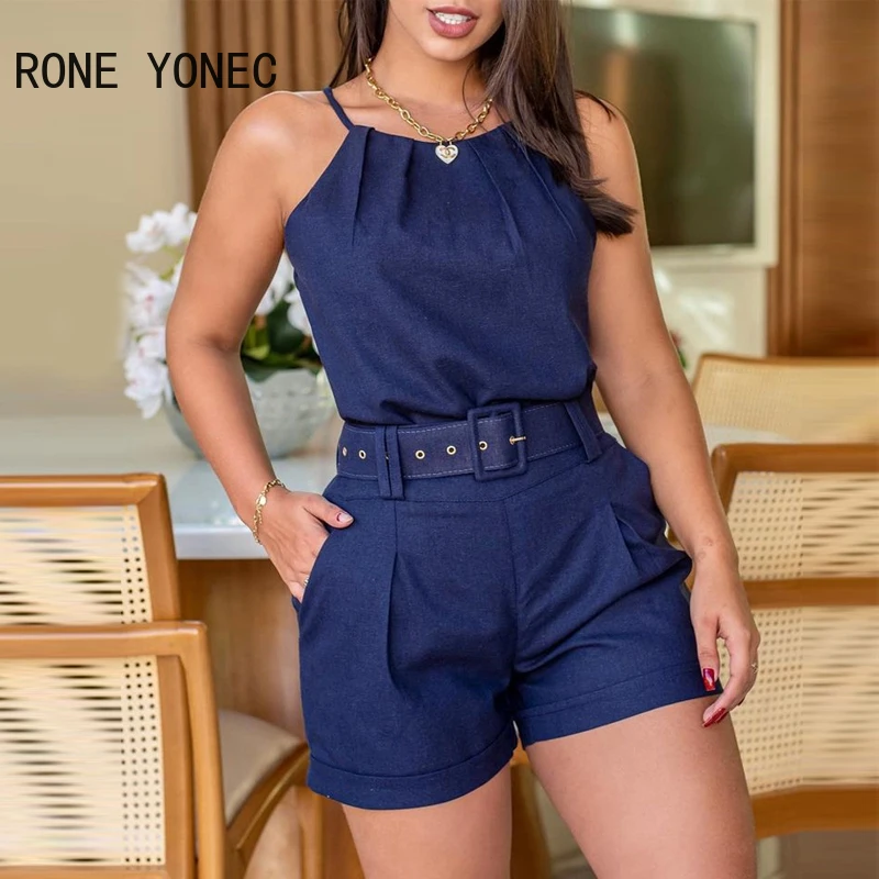 Women Halter Sleeveless Top & Shorts with Belts Summer Vacation Suit