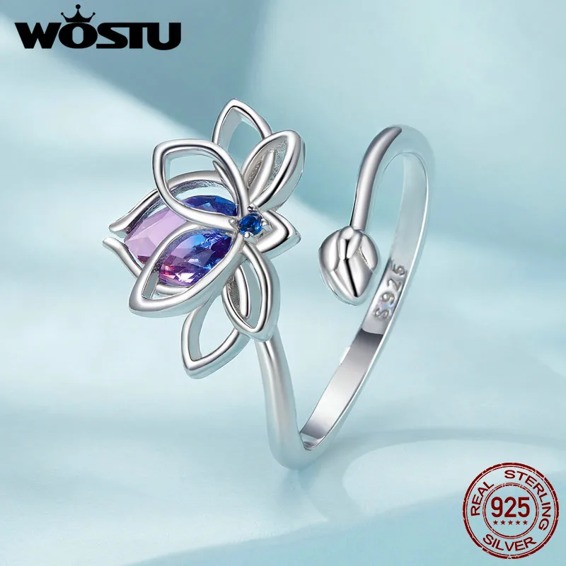 

WOSTU 925 Sterling Silver Lotus Flower Ring With Purple Glass For Women Wedding Party Daily Gift Adjustable Fine Jewellery