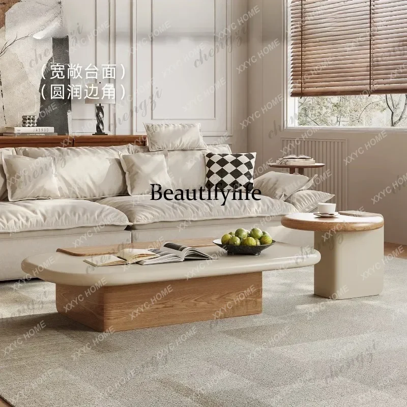 HJ  Log cream wind coffee table side table combination living room modern simple rectangular high-end low table