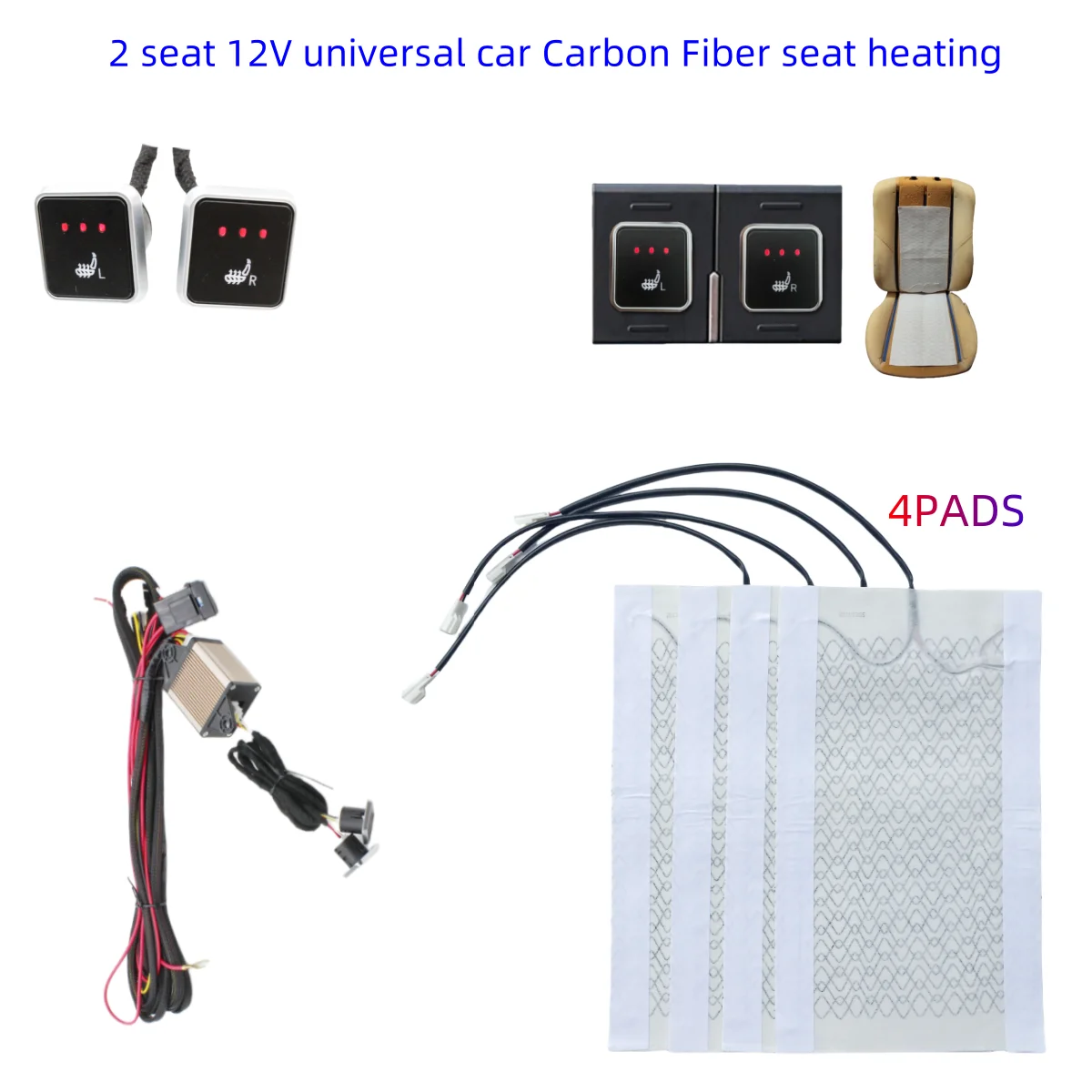 Universal Built-In Car Seat Heater Kit Fit 2 Seats 12V Carbon Fiber Heating Pads 3 Levels Dual Control Heated Switch System