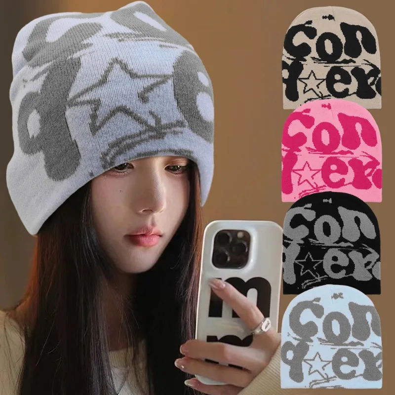 Knitting Beanie Hat for Women Y2K Fashion Letter Hat Handcrochet Jacquard Hat Girl Soft Hat Female Men Unisex Warm Headwear