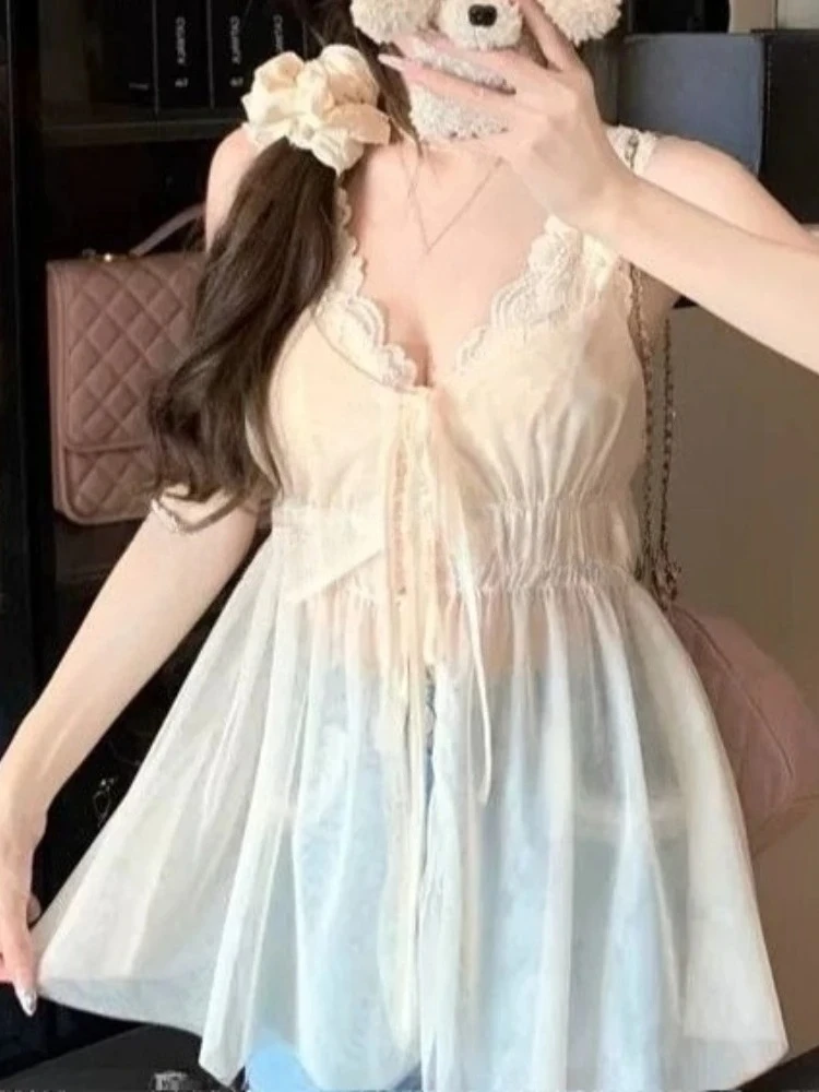 

Элегантный французский женский кружевной топ, комплект из 2 предметов, жилет с бантом + шикарные свободные блузки, новый милый модный облегающий эстетический наряд, лето 2023 г.