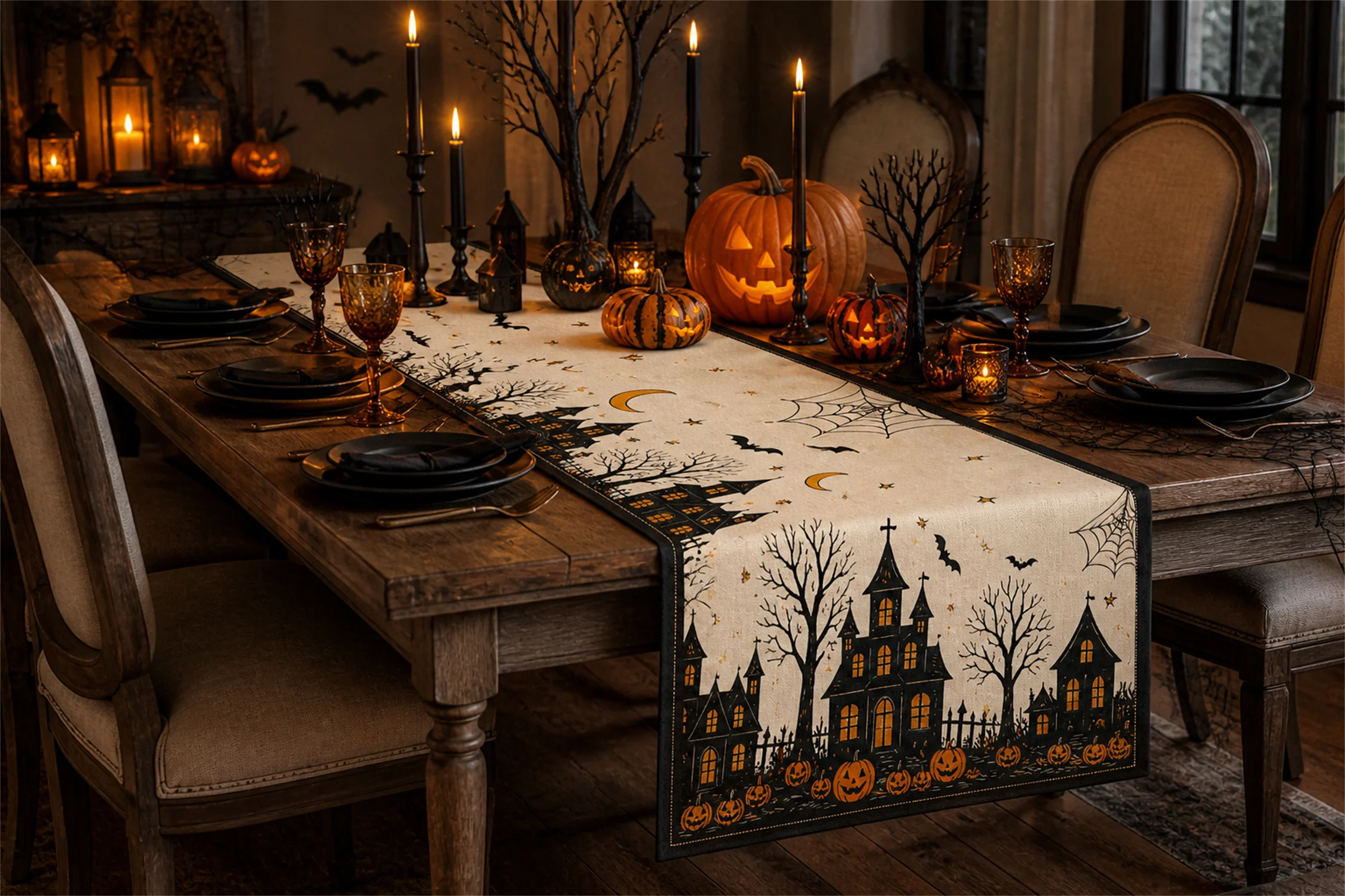 Haunted House Pumpkin Moon Table Runner Gothic Dining Decor Spooky Village Tree Bat Web Home Decoration Party Gift Design