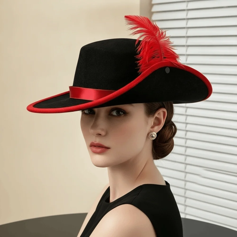 Felt Cavalier Top Hat Artificial Feather Wide Brim Feather Stage Cap Black Flat Top Masquerade Headwear Medieval Festival
