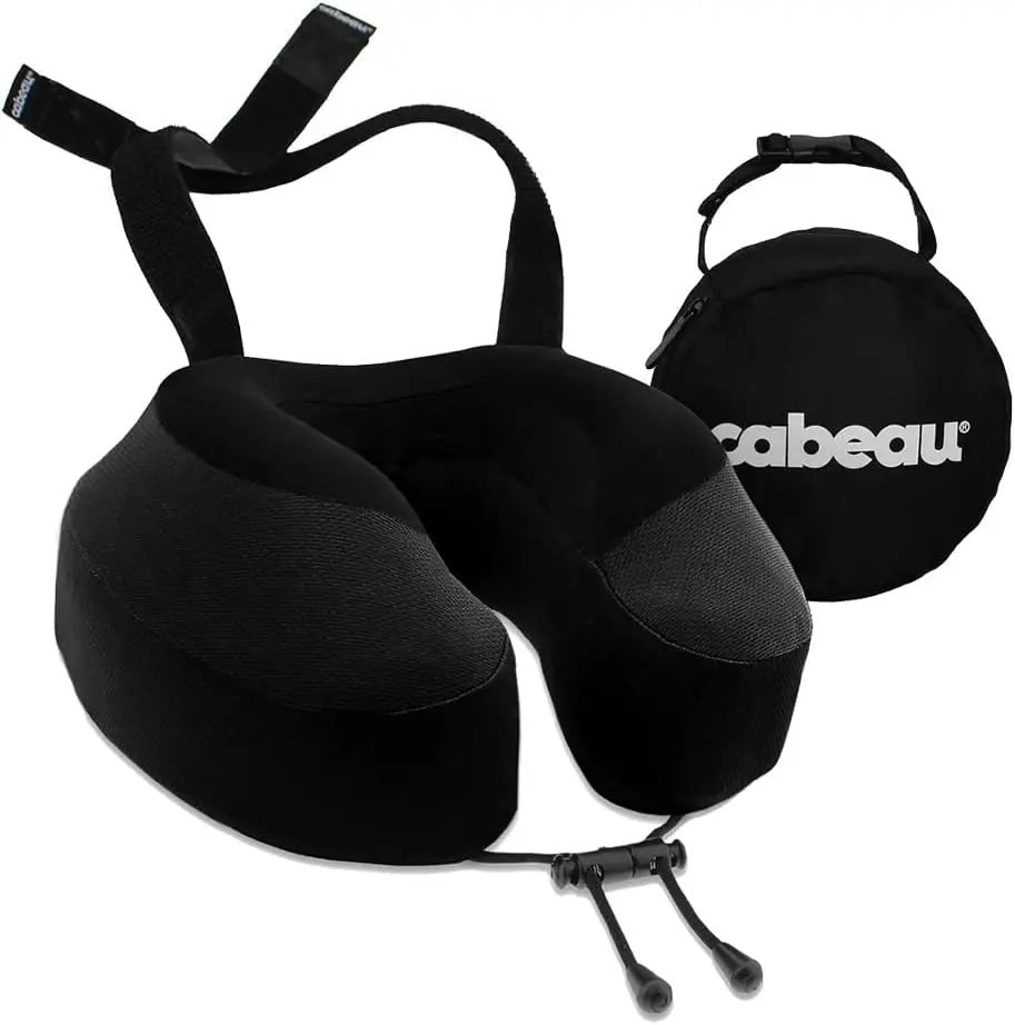 

Memory Foam Travel Pillow with Seat Straps for Long Flights - Ergonomic Support, Adjustable Chin Clasp, Washable Cover