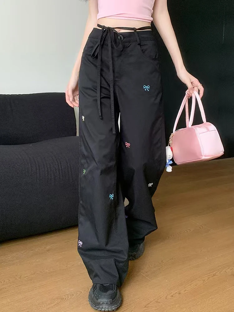 

Black Bow Embroidery Cargo Pants Women Y2K Harajuku Streetwear Loose Wide Leg Pants Autumn Korean High Waist Straight Trousers