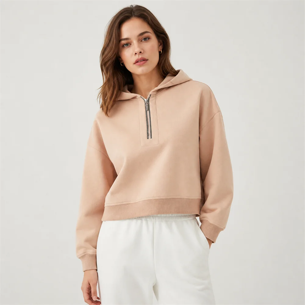 K2631L Luxus-Damenbekleidung aus gekämmter Baumwolle, langärmeliges, kurzes Sweatshirt, Pullover, Kapuzenpullover, kurze, lässige Damenoberteile