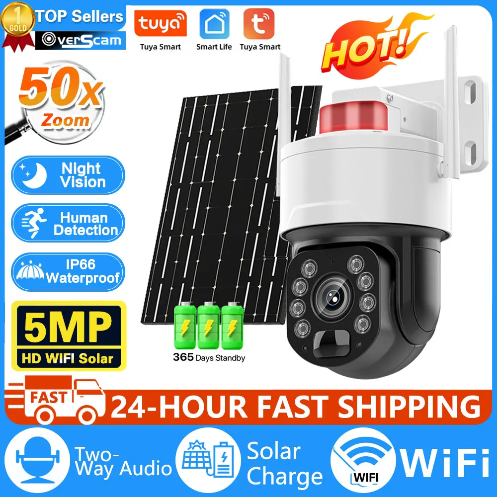 

5MP Audio Surveillance IP Solar Camera 50X Optical Zoom Human Detection PTZ CCTV Security WiFi Solar Panels Cam Tuya Smart Life