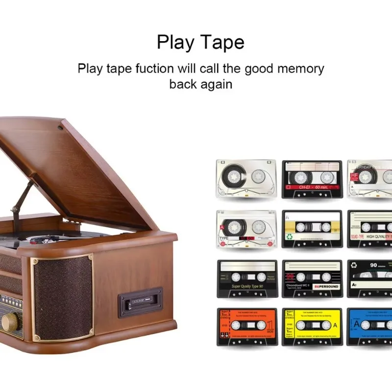 Latest 2024 model Nostalgic AM FM Radio Wooden Turntable Player CD Tape Play Phonograph Vinyl Record  Professional