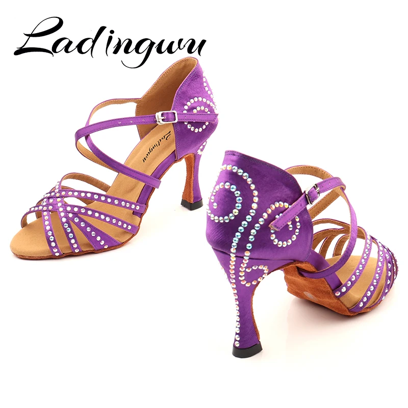 Ladingwu Dance Shoes Latin For Women Purple  Satin Salsa Dance Shoes For Girls Ballroom Dance Shoes Sports Sandals Heel Rhinesto