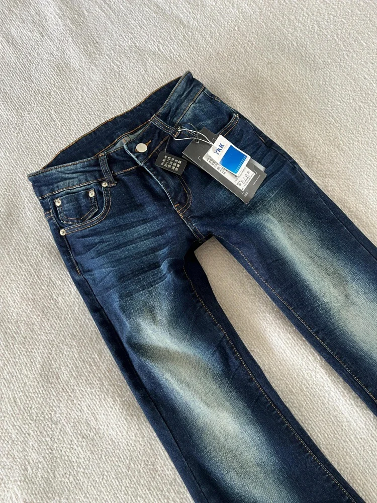 النمط الأمريكي الرجعية غسلها الدينيم الجينز تنوعا منخفضة الخصر متوهج قليلا السراويل النساء الخريف جديد مطاطا حار الفتيات السراويل