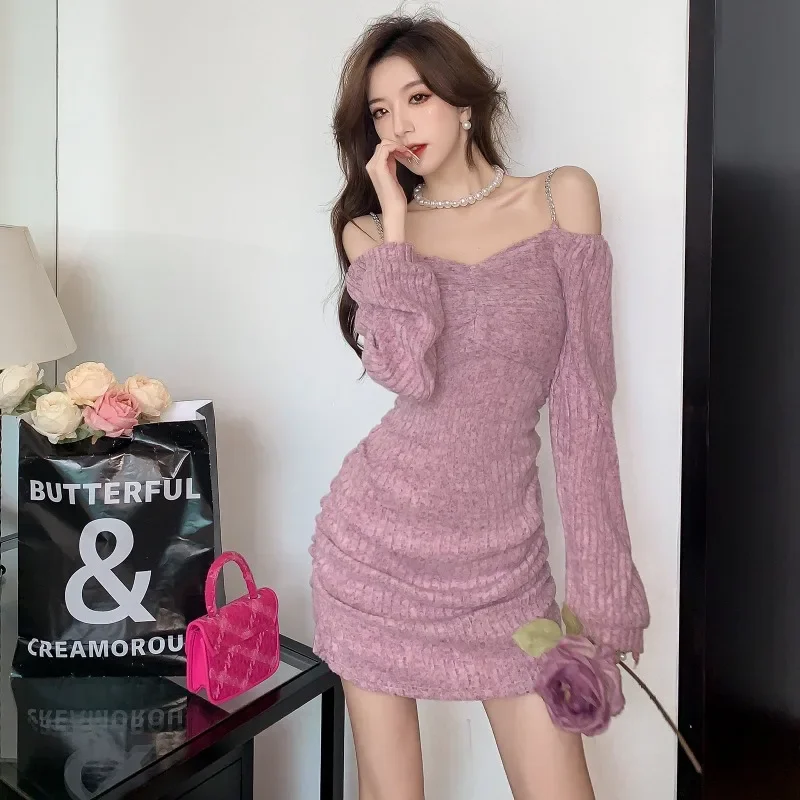 Sweet and Sexy Off Shoulder Knitted Dress Women's Autumn Fashion Sheath Waist Brushed Dress Cold Shoulder Short Bodycon Dress