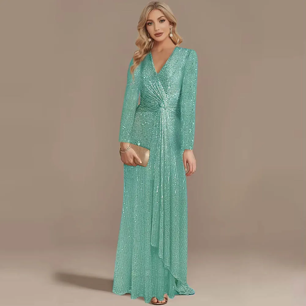 

Customized Luxury Floor Length Mother of Bride Dresses VNeck Elegant Party Maxi Dress Sequin Long Sleeves Wedding Party Dresses