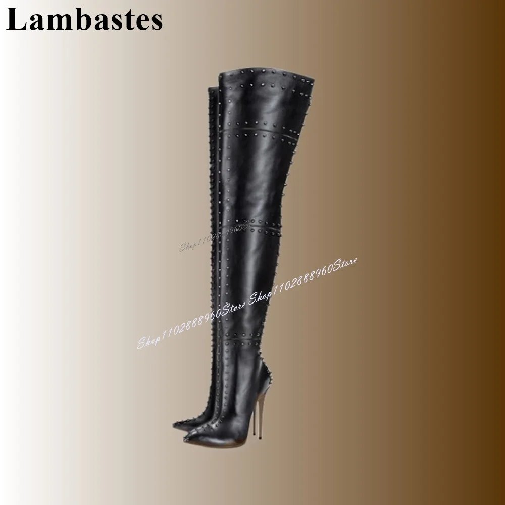 

Sexy Thigh High Black Rivet Decor Runway Boots Stilettos High Heel Women Shoes Side Zipper Pointed Toe 2024 Zapatos Para Mujere